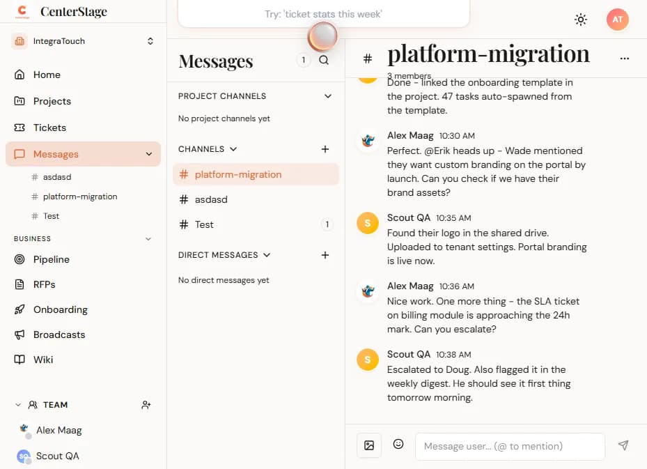 CenterStage team messaging with channels and real-time chat