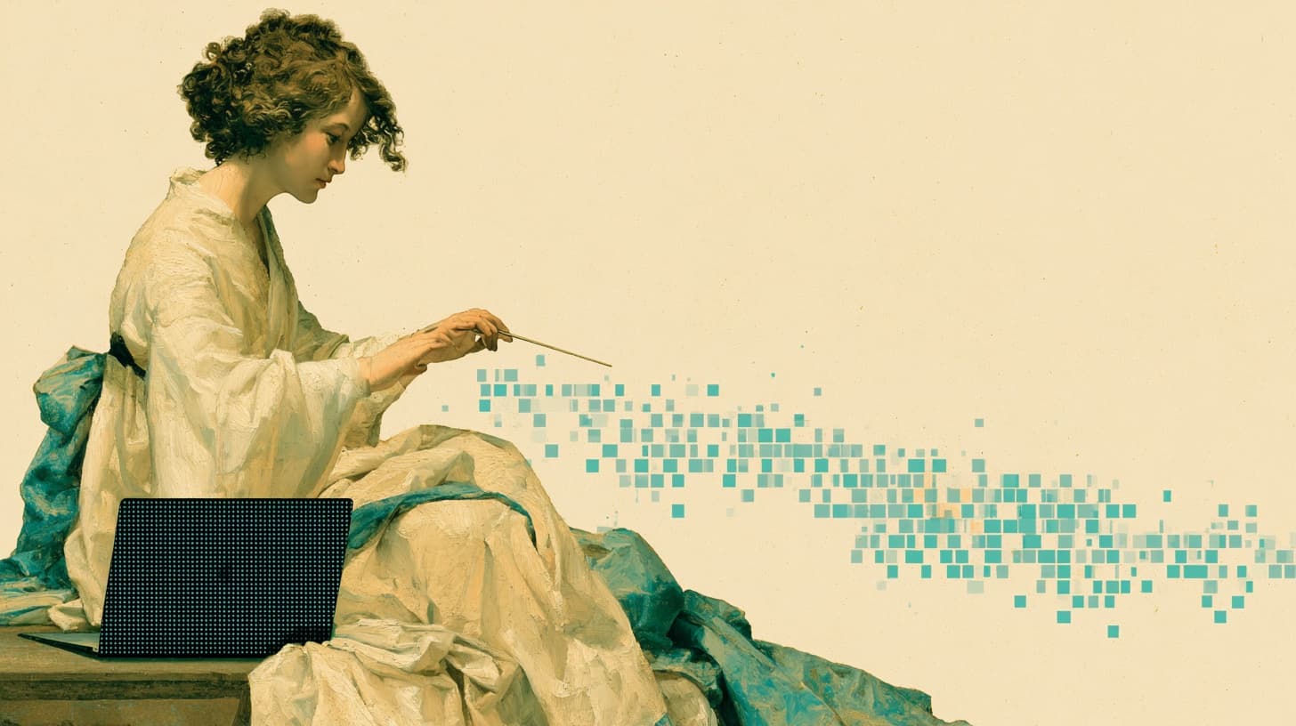 Renaissance customer onboarding figure guiding a dithered digital flow