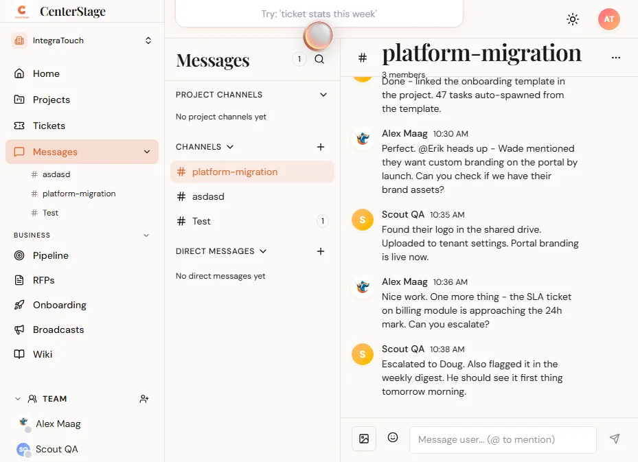 CenterStage team messaging with channels and real-time chat